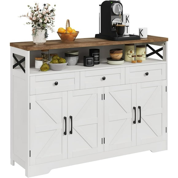 Veanerwood 51.2" W/132 cm Farmhouse Sideboard Buffet Cabinet, Wood Kitchen Cabinet with Drawers & Open Space, Antique White,