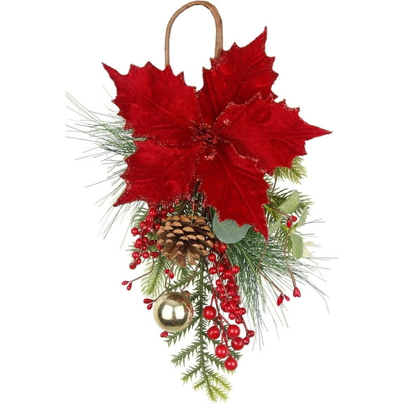 15.75" Artificial Teardrop Christmas Swag, Wreaths with Pinecones Red Berry & Golden Balls, Poinsettia Artificial Christmas Teardrop for Xmas Decoration, Front Door Outdoor Indoor Wall Mailbox
