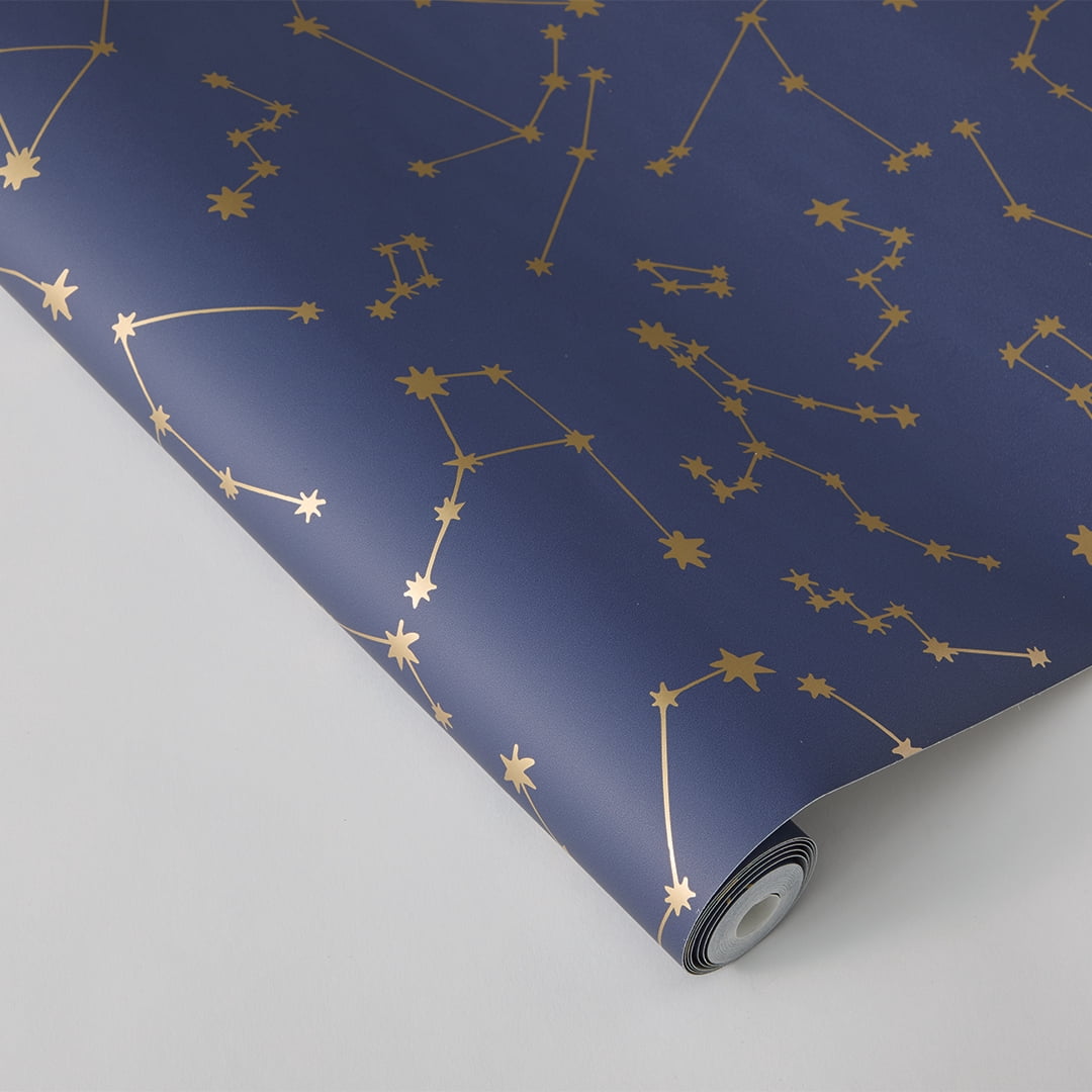 Tempaper x Novogratz Constellations Navy & Metallic Gold Peel and Stick Wallpaper, 20.5" x 16.5'