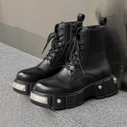 Mens Black Platform Combat Boots - Gothic Ankle Booties with Lug Sole, Lace-Up & Side Zip