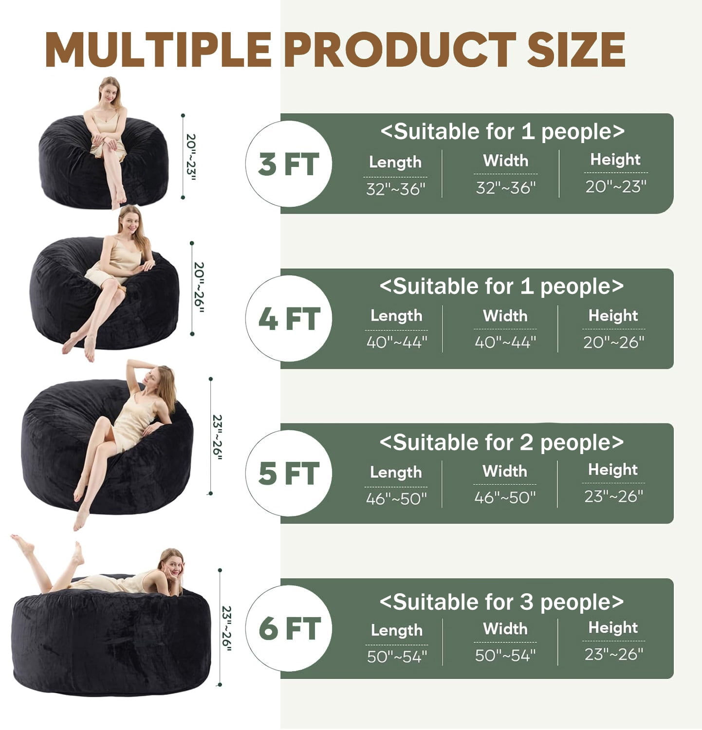 VIREO Bean Bag Chair - 5FT Memory Foam Filler Beanbag Chair with Removable and Washable Cover, Chairs for Living Room Black