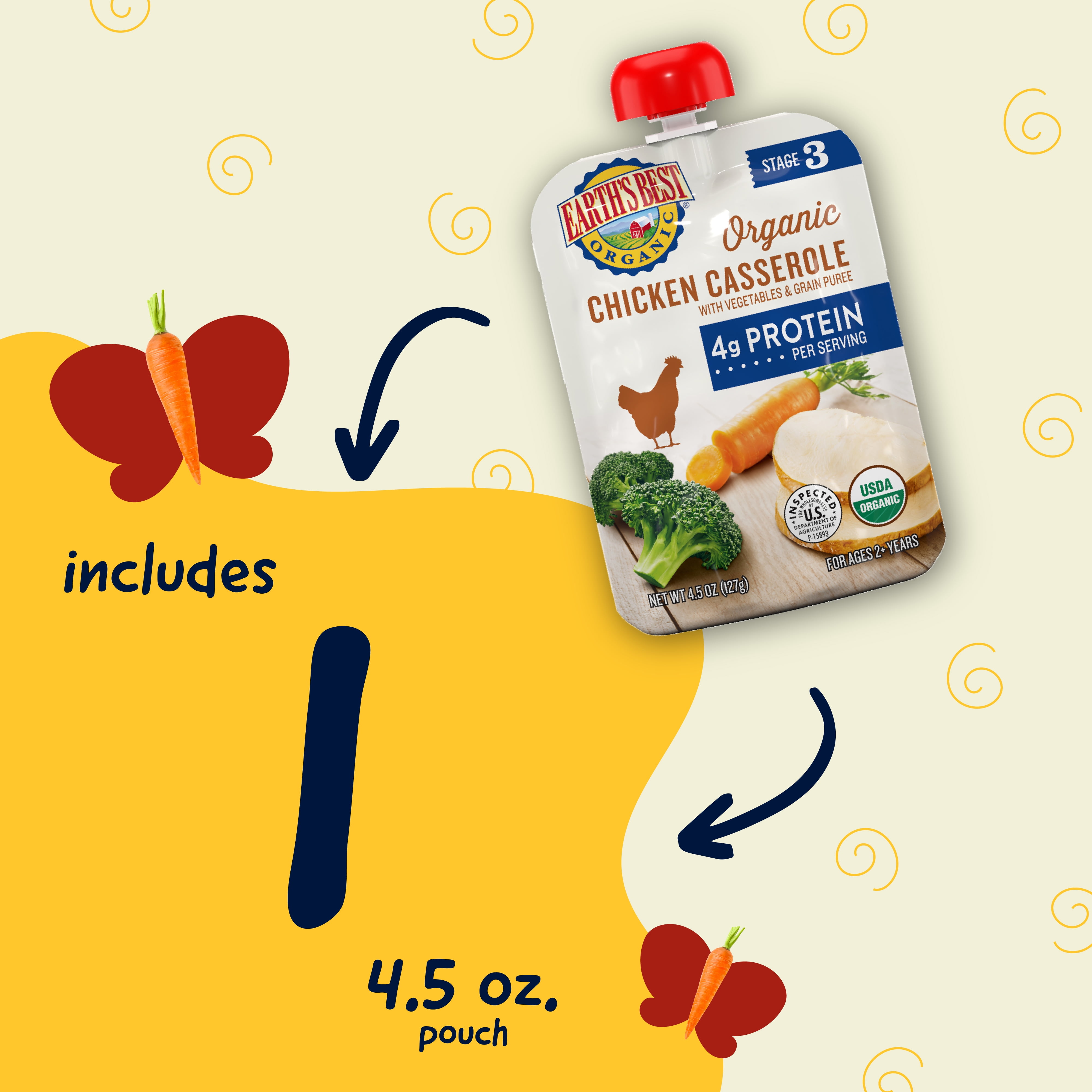 (12 pack) Earth's Best Organic Stage 3 Baby Food, Chicken Casserole with Vegetables & Grain, 4.5 oz Pouch