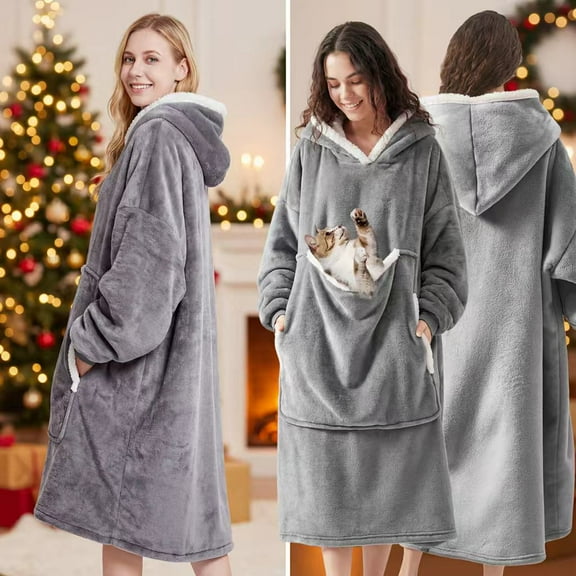 KERHAND Long Style Oversized Blanket Hoodie with Large Pet Pouch, Soft Adult Sherpa Fleece Wearable Hoodies,Can Machine Wash Comfy & Weighted Hoodie with Snack Pouch