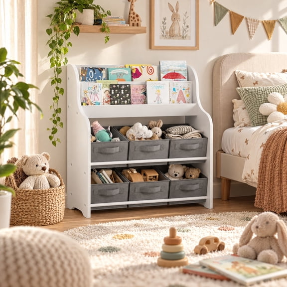 Jivora 24.8" Kids Bookshelf and Toy Storage Organizer with 6 Bins, White