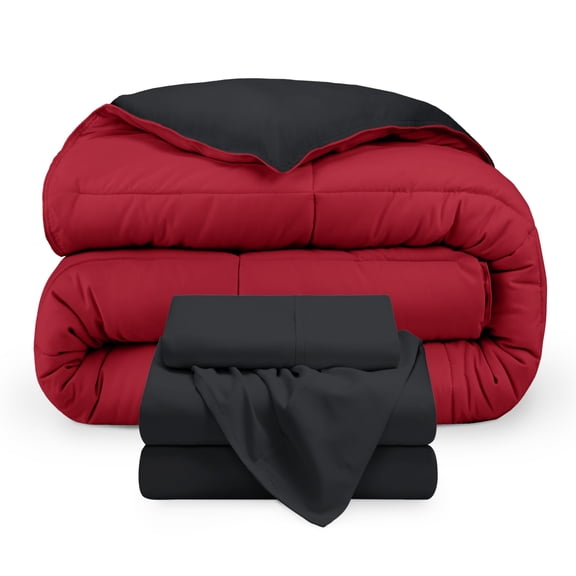 Bare Home 4-Piece Reversible Bed-in-a-Bag - Premium 1800 Collection - Twin, Black/Red Comforter with Black Sheet Set