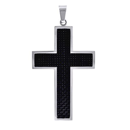 Stainless Steel Mens Carbon Fiber Inlay Cross Religious Charm Pendant 39mm Wide Necklace for Men
