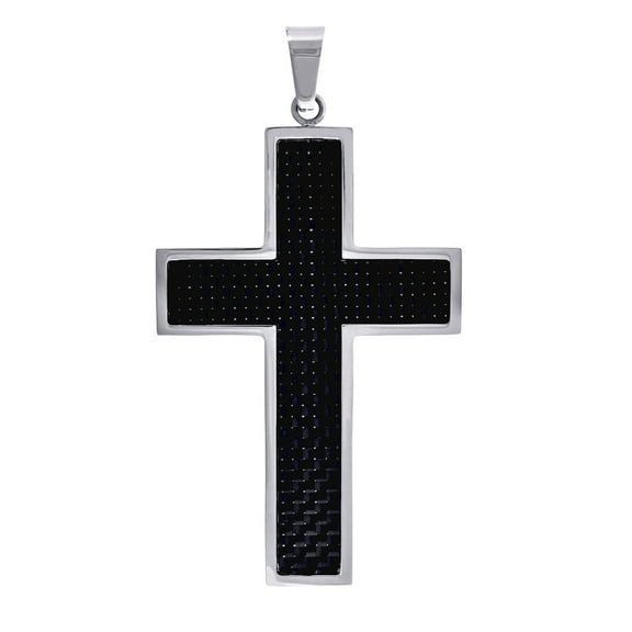 Stainless Steel Mens Carbon Fiber Inlay Cross Religious Charm Pendant 39mm Wide Necklace for Men