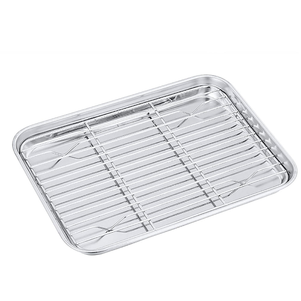 WEZVIX Stainless Steel Baking Sheet with Cooling Rack Set of 2 Cookie Sheet with Wire Rack 2 Pack Rectangle Size 9 3/8 x 7 x 1 inch,Non Toxic & Less Stick & Sturdy, Easy Clean & Dishwasher Safe 