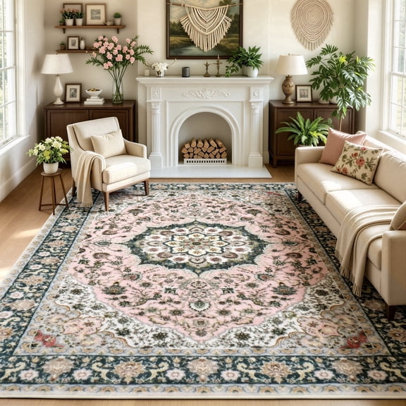 WANLISELL 8'x10' Area Rugs, Large Indoor Printed Living Room Rug, Vintage Distressed Carpet Washable Rugs for Bedroom, Dining Room, Office, Playroom, Pink