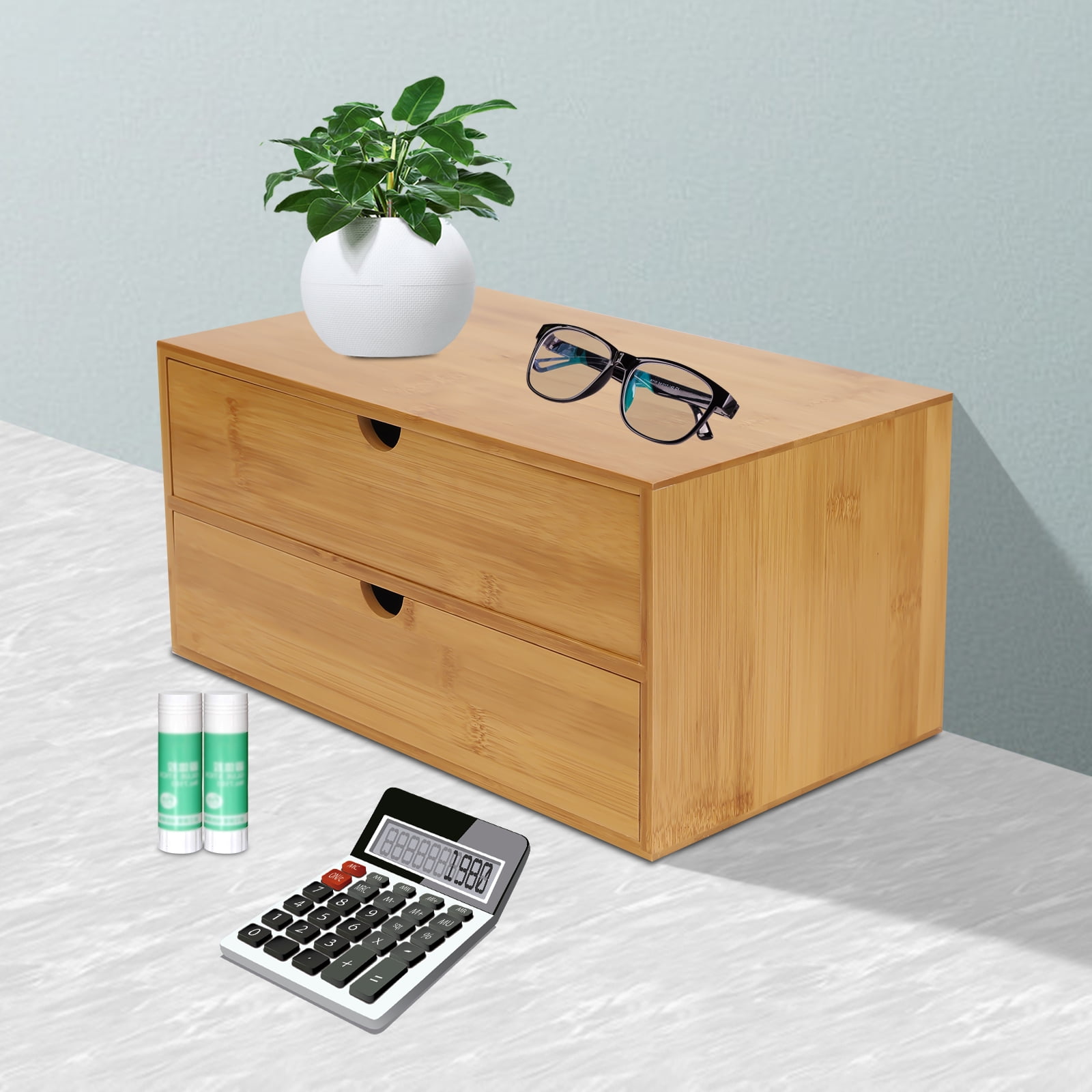 Wildnix Large Capacity Desk Organizer, 2 Drawers, Varnish Coated for Office Supplies and Cosmetics, Durable Nan Bamboo Design, Minimalistic