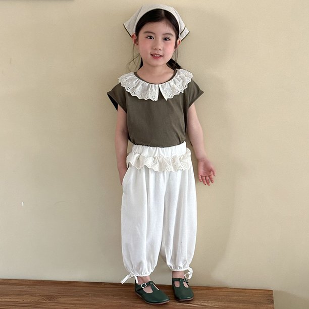 Conjuntos de ropa de verano para niñas de estilo coreano, trajes para niños de 1 a 10 años, Top con cuello con volantes de encaje y pantalones hasta el tobillo, bonito traje de 2 uds para niños