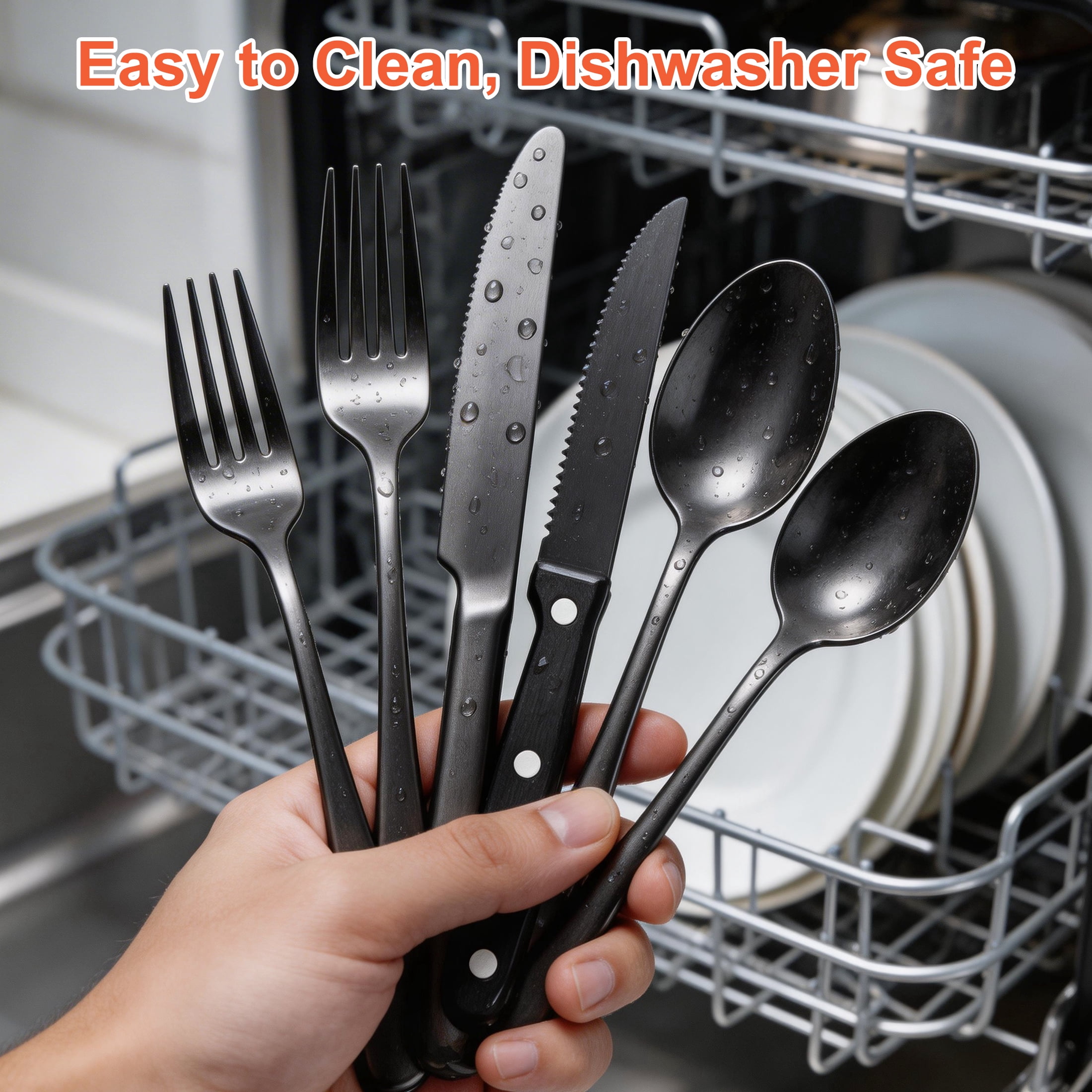 Black Silverware Set for 4, 24‑Piece Stainless Steel Flatware Cutlery Set, Include Steak Knives, Forks, Spoons, Knives, Mirror Black Utensils Set for Home Kitchen Dining, Dishwasher Safe