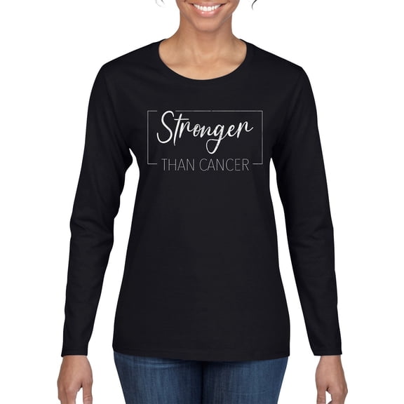 Wild Bobby Stronger Than Cancer Distressed Breast Cancer Awareness Women Graphic Long Sleeve Tee, Black, Small