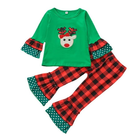 

EUMODR Children Clothes Girls 3-6 Years New Born Winter Xmas Kids Child Toddler Baby Girls Long Ruffled Sleeve Cute Cartoon Blouse Top T Shirt Plaid Bell Bottomed Pant Trousers Christmas Outfit Set C