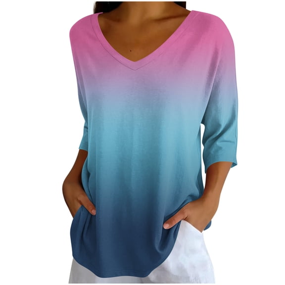 Tqcoqu Women's V Neck Tunic Tops,3/4 Sleeve Gradient Print Casual Loose Daily Wear Tops,Blue-1 Women's S-XXL