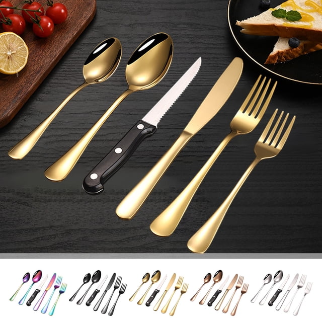 Juego de cubiertos de acero inoxidable | Juego de tenedores de cuchillo para bistec con cuchara para la cena de 6 piezas | Platería moderna de colores variados | Utensilios duraderos para cenas en