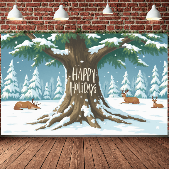 Snowy Landscape Happy Holiday Winter Wonderland Reindeer Christmas Banner for Holiday Decoration Festive Party Winter Celebration