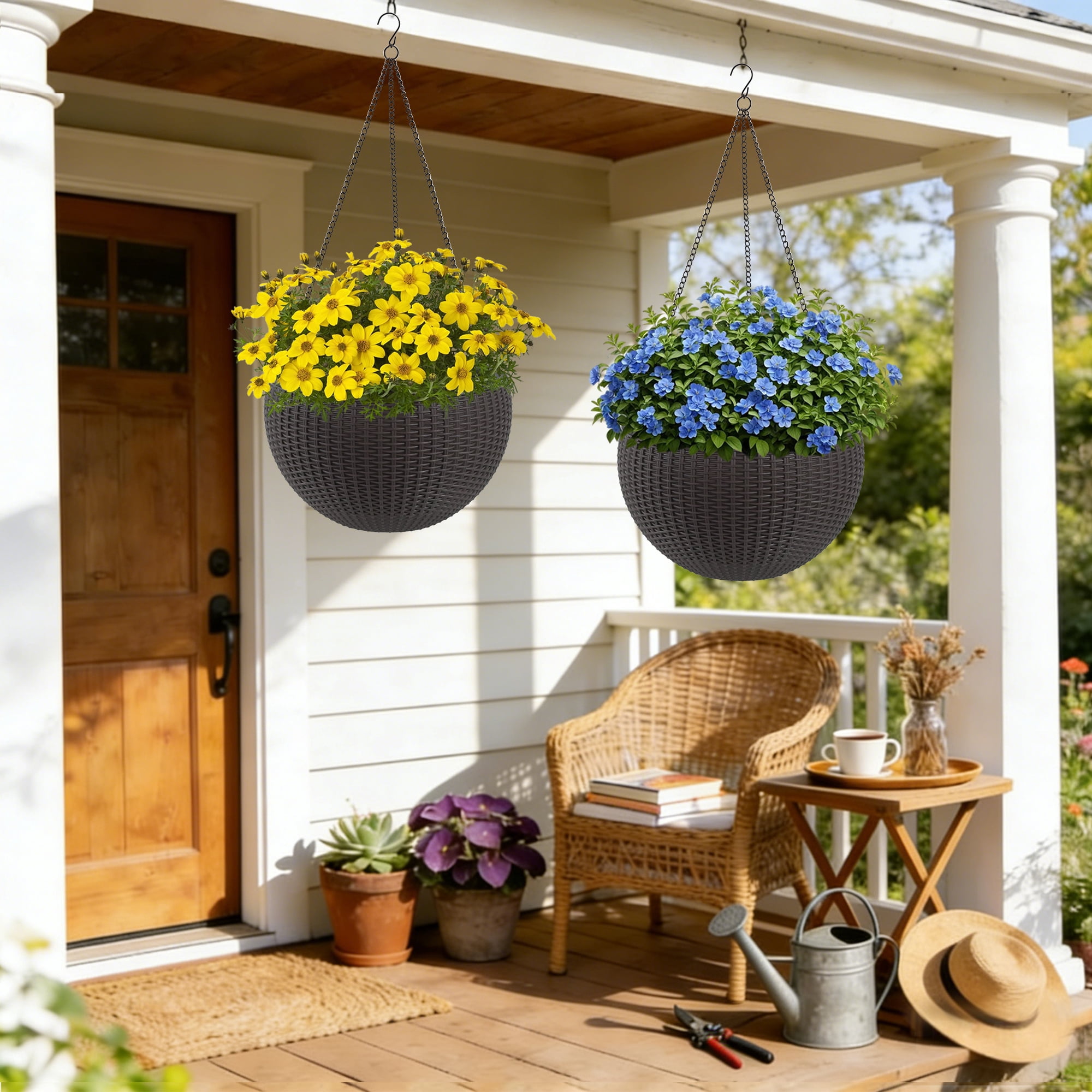 Vigo huseeo 2 Pack Large Self-watering Hanging Planters for Indoor & Outdoor Plants , Resin Rattan Pot for Home, Office and Garden, Brown