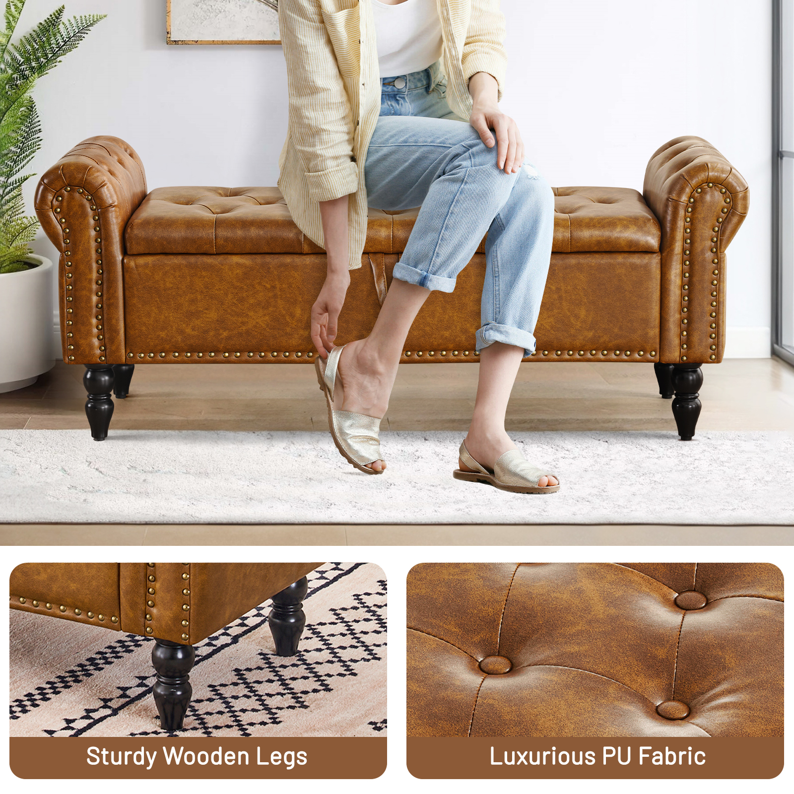 Furniliving Storage Ottoman Bench with Arms, Yellow Brown photo 6