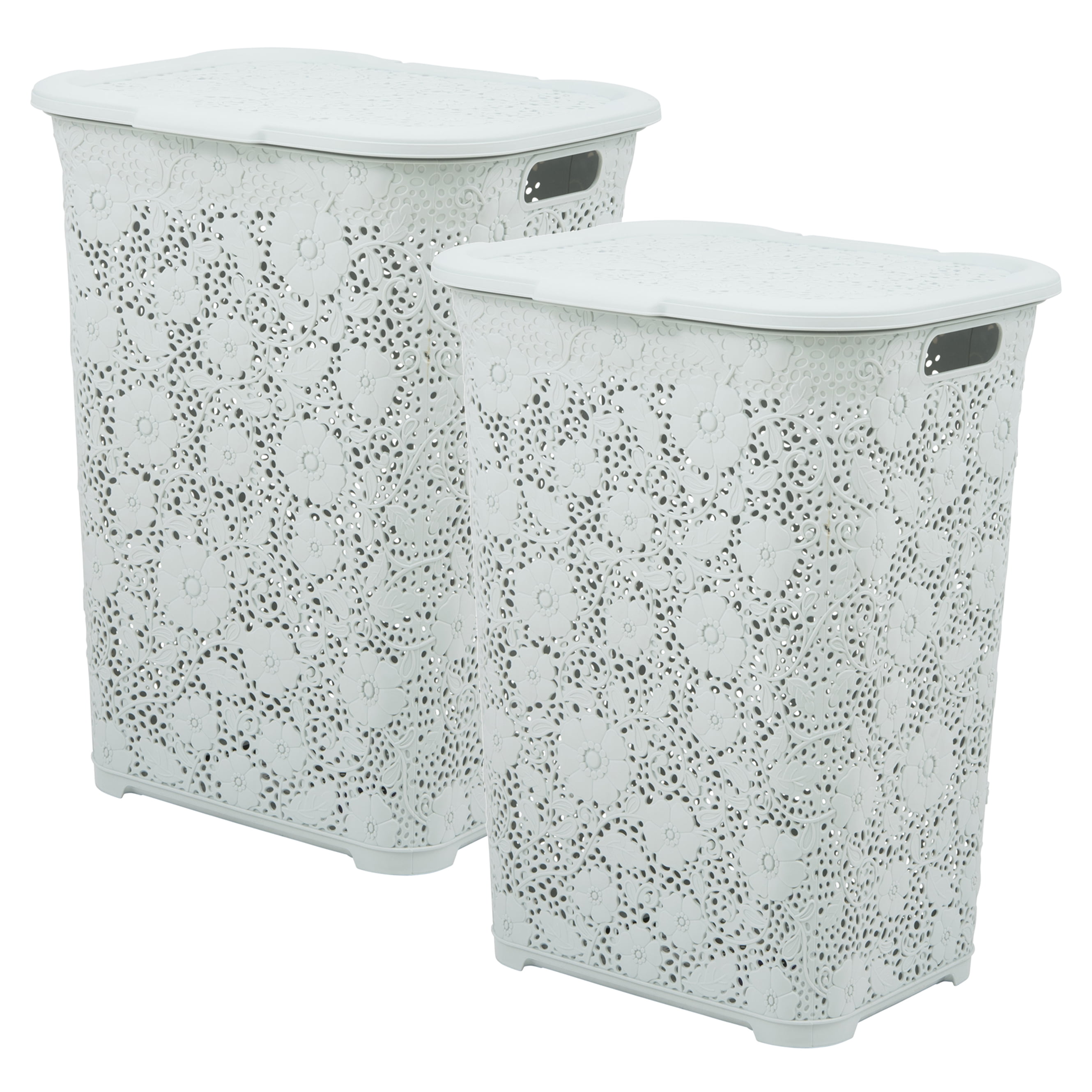 Superio 50L Large Lace Plastic Laundry Hamper with Lid White Smoke (2