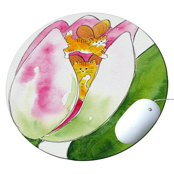 KuzmarK Round Mousepad / Hot Pad / Trivet - Tiny Tiger Kittie Fairies with Pink Tulip Fantasy Cat Art by Denise Every