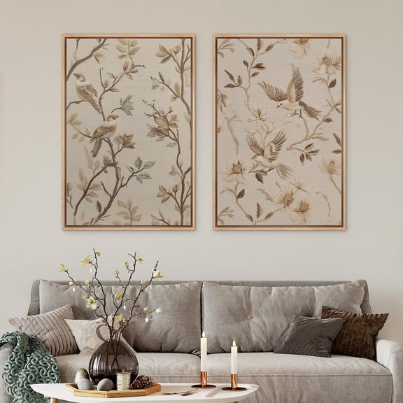 UNFFRAMED Vintage Bird & Floral Wall Art Set Of 2, Neutral Botanical Prints, Rustic Farmhouse Nature Artwork For Living Room Decor Set 2 Prints 8x12