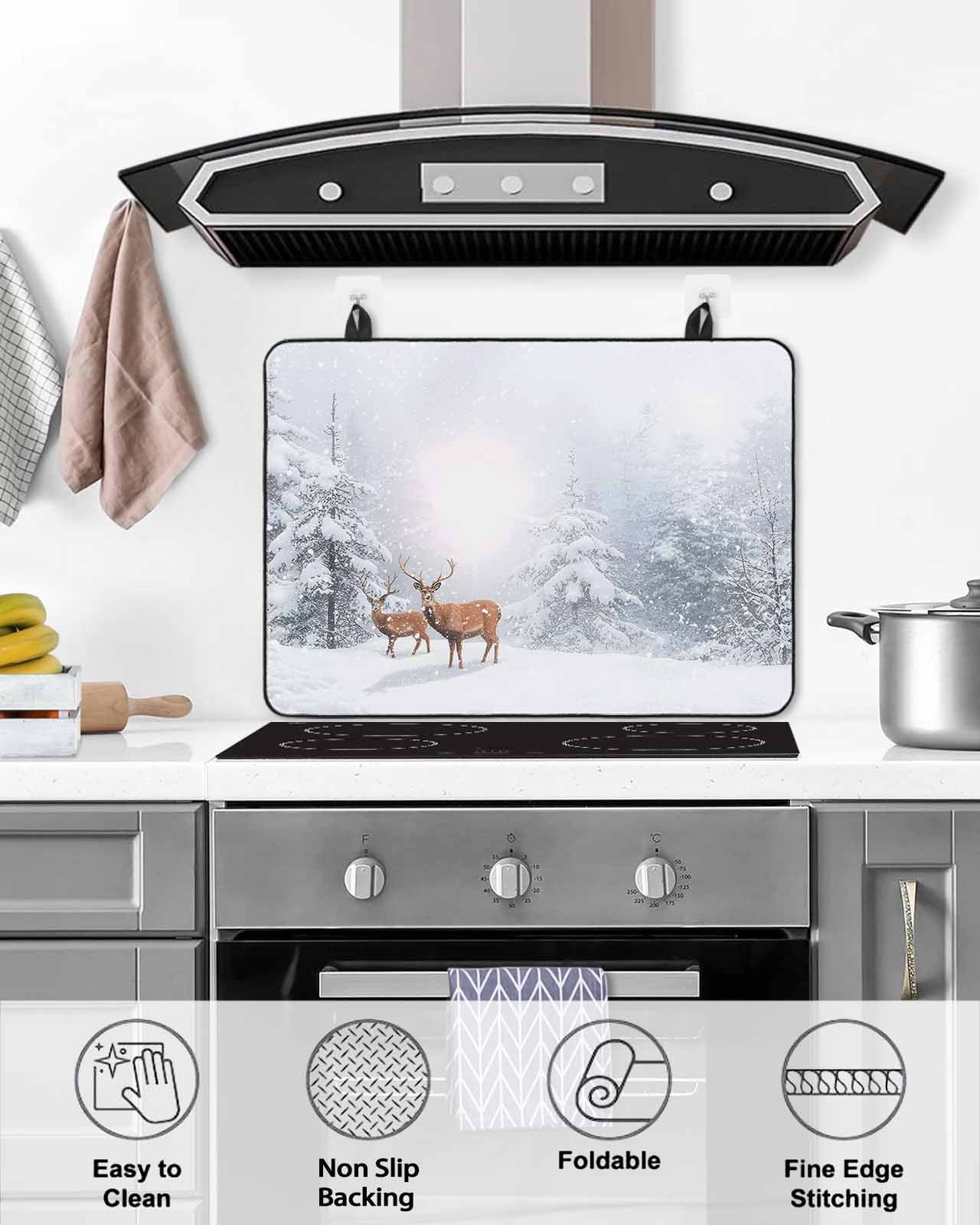 Large Induction Cooktop Protector Mat Christmas Stove Top Covers for Electric Stove, Winter Deer Pine Trees Nature Snow Scene Decorative Stove Burner Cover Mats, Glass Top Stove Cover