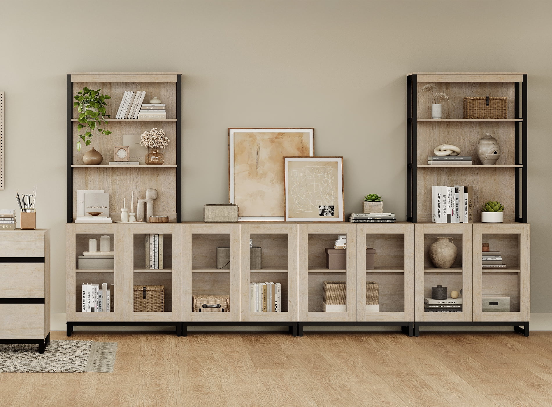 WAMPAT Modern TV Stand with 3 Tiers Bookshelf, Farmhouse Entertainment Center with 4 Large Storage Cabinets and Adjustable Shelf, Wooden Media TV Console with Glass Doors for Living Room, Beige