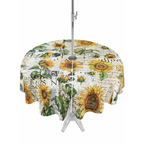 Outdoor Table Cloth with Umbrella Hole and Zipper, Farmhouse Sunflower Waterproof Round Tablecloth 54 Inch, Vintage Summer Botanical Washable Table Cover for Outside Party Patio Picnic