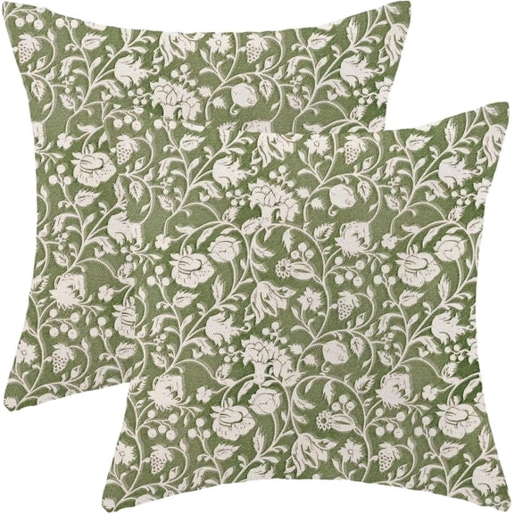 Floral Throw Pillow Covers 16x16 Set of 2, Flower Print Linen Decorative Pillow Cover Neutral Vintage Decoration Outdoor Cushion Cover Sage Green Floral Pillowcase for Sofa Couch Farmhouse Room
