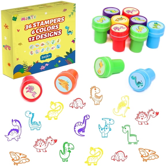 Dinosaur Stamps for Kids, 36 PCS Self-Inking Stamps with 12 Cute Dinosaur Designs, Birthday Party Favors for kids 3yrs