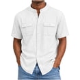thumbnail image 2 of LIaqionyy Mens Cotton Linen Button down Shirts Casual Callarless Short Sleeve Shirt Summer Beach Tops with Pocket, 2 of 6
