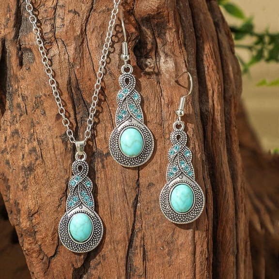 Boho Vintage Feather Jewelry Set for Women - Antique Silver Tone Turquoise Necklace & Dangle Earrings - Perfect for Wedding, Festival & Daily Wear