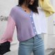 thumbnail image 4 of Bloque de color Suéter Abrigo Suelto Mangas largas Cuello en V Suelto Corto Un solo pecho Abierto Frente Tejido Outwear Rosa Blanco Bloque de color S, 4 of 8