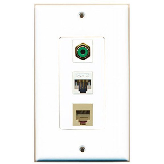 RiteAV - 1 Port RCA Green and 1 Port Phone RJ11 RJ12 Beige and 1 Port Cat5e Ethernet White Decorative Wall Plate