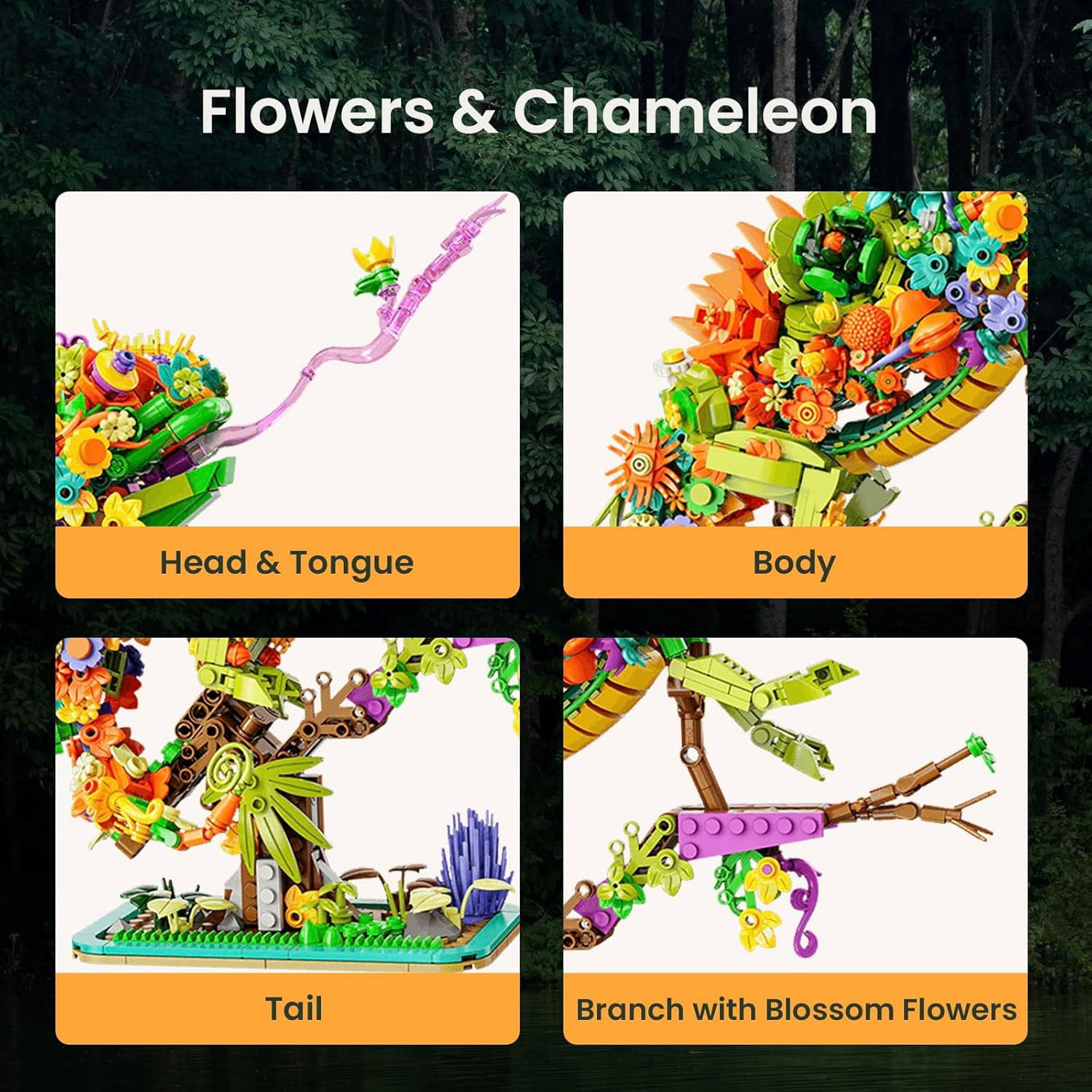 Animal Floral Building Set, Flowers & Animals Botanical Collectible Model Kit, Creator Chameleon Toys, Ideas Gifts for Adults, Women, Men, Teens Age 12+ (1232 Pieces)