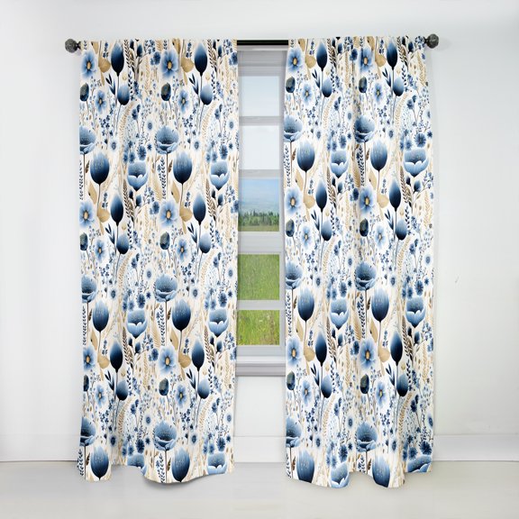 Designart "Tranquil Blue And White Ferns" Floral Blackout Curtain Panels