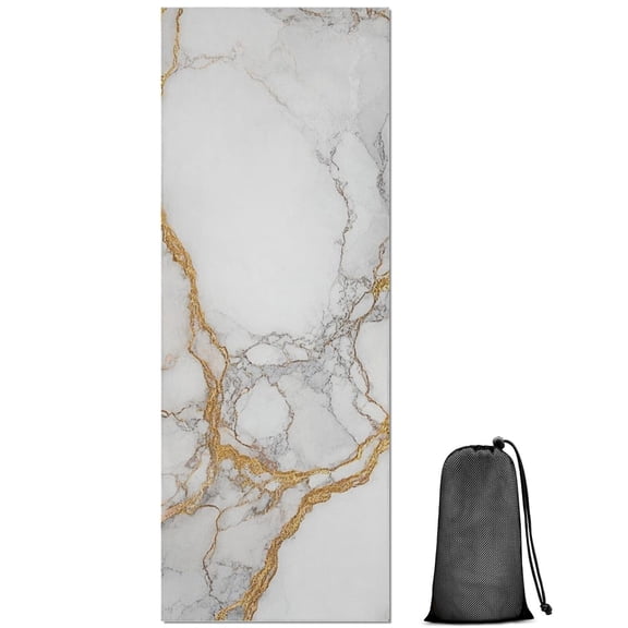 White Marble Gold Line Pattern Hot Yoga Mat Towel Non Slip for Hot Yoga - Quick-Drying Yoga Mat Cover with 4 Corner Pockets with Travel Bag - Hot Yoga Towel Non Slip 70"x26"