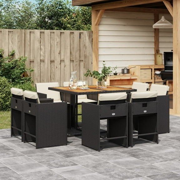 vidaXL 9 Piece Patio Dining Set with Cushions Black Poly Rattan
