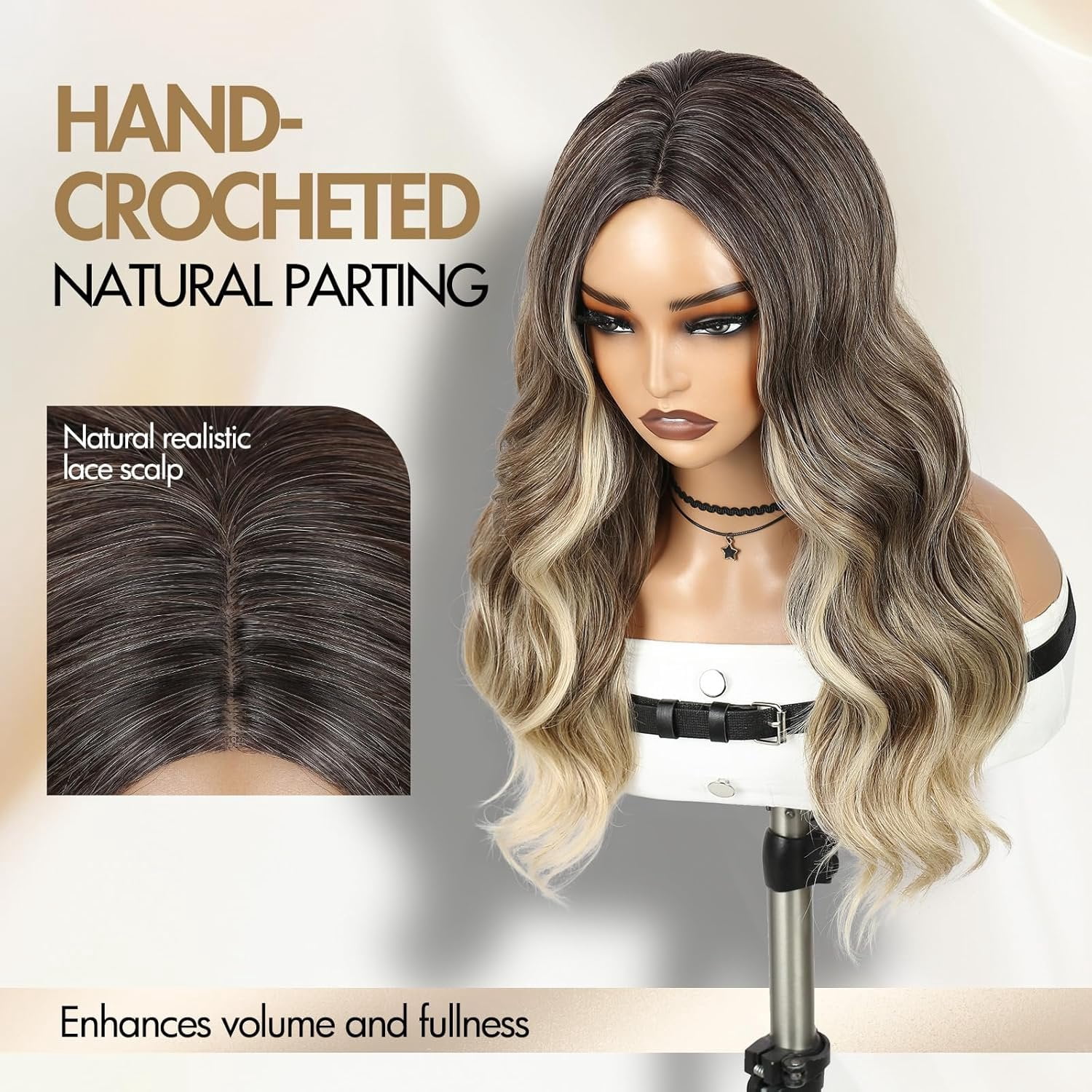 Ombre Blonde Wavy Wig for Women Pre Cut Simulated Lace Curly Wavy Wigs 18 inch Long Wavy Middle Part for Daily Party Use