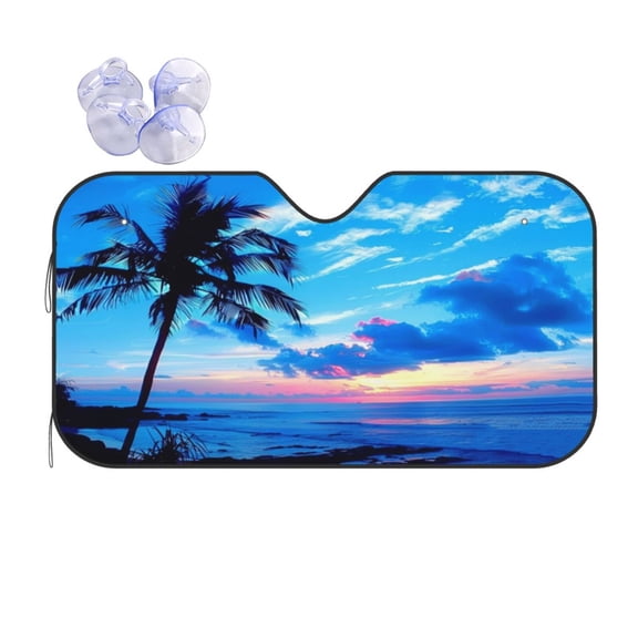 KAKALAD Ocean Beach Scene with Palm Trees Universal Windshield Car Sun Shades Accordion Folding Auto Aluminum Sunshade 51"x 27.5"