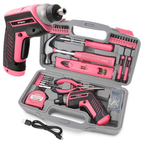 Kit de herramientas Hi-Spec, 35 piezas, rosa, con destornillador eléctrico USB de 3,6 V