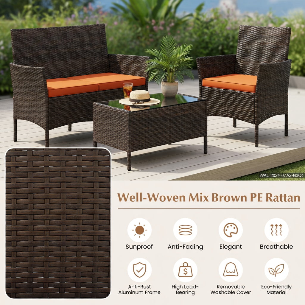 Hommoo 4-Piece Outdoor Rattan Patio Furniture Set with Removable Cushions, Loveseat, 2 Chairs, Tempered Glass Coffee Table, Weather-Resistant PE Wicker, Orange