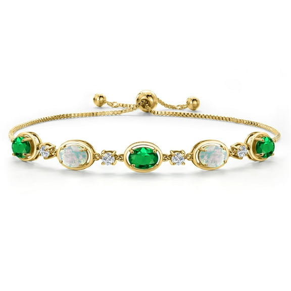 18K Yellow Gold Plated Silver Green Nano Emerald and Simulated White Opal, Lab Grown Diamond Bracelet for Women | 4.20 Cttw | Gemstone May Birthstone | Oval 7X5MM | Fully Adjustable 9 inch