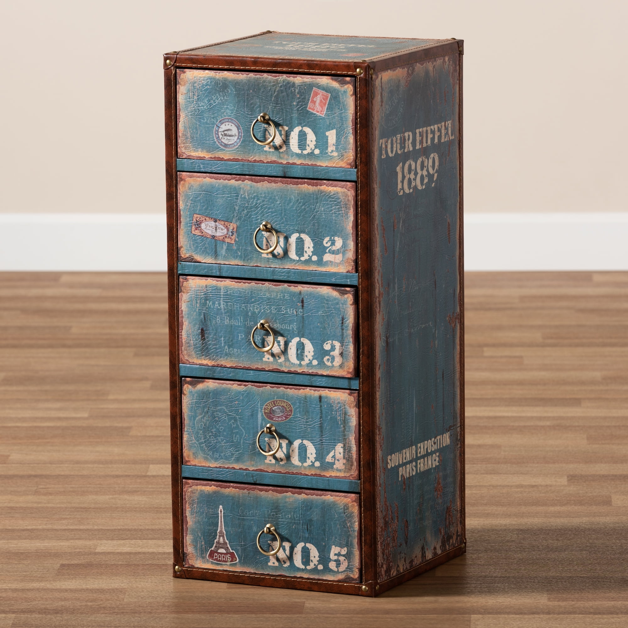 Baxton Studio Alba Vintage Rustic French Inspired Blue Finished Wood 5-Drawer Accent Storage Chest