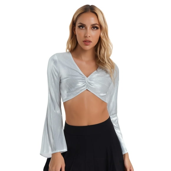 Aislor Women Glitter Metallic Crop Top Flare Sleeve Tube Vest Top for Belly Dance Costume Outfits Silver S