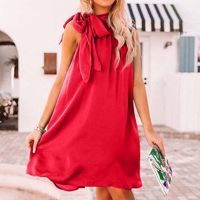 Trending, Robe Camisole Sans Manches à Ourlet Patchwork Superposé Couleur Unie, Robe Camisole Sans Manches avec Ourlet Patchwork Superposé Couleur Unie Confort Quotidien100 % Polyester, Rouge, Sopatenor