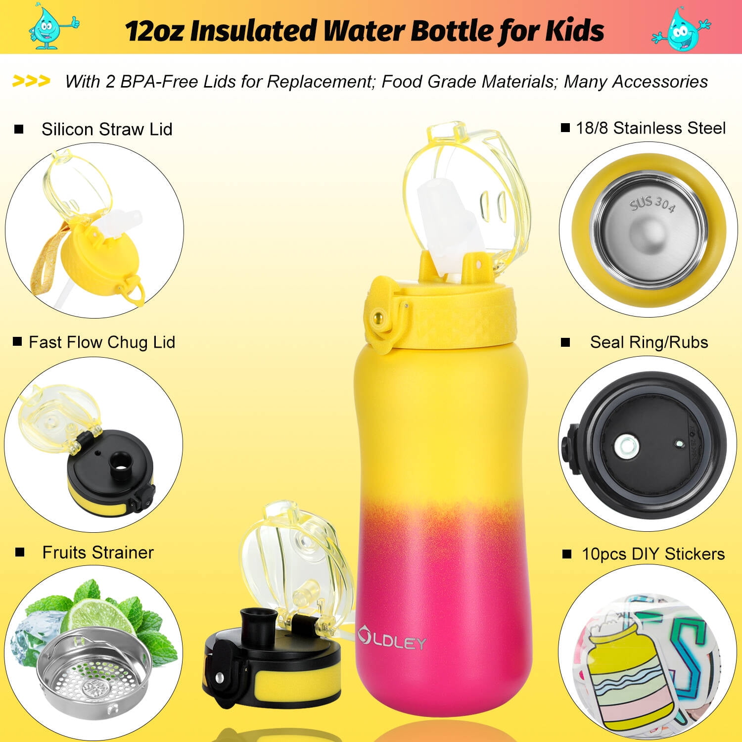 12 oz Insulated Kids Water Bottle for Boy Girl with Straw/Chug/  One-Click-Open Lids Strainer Stainless Steel Water Bottles Double Wall  Vacuum Wide