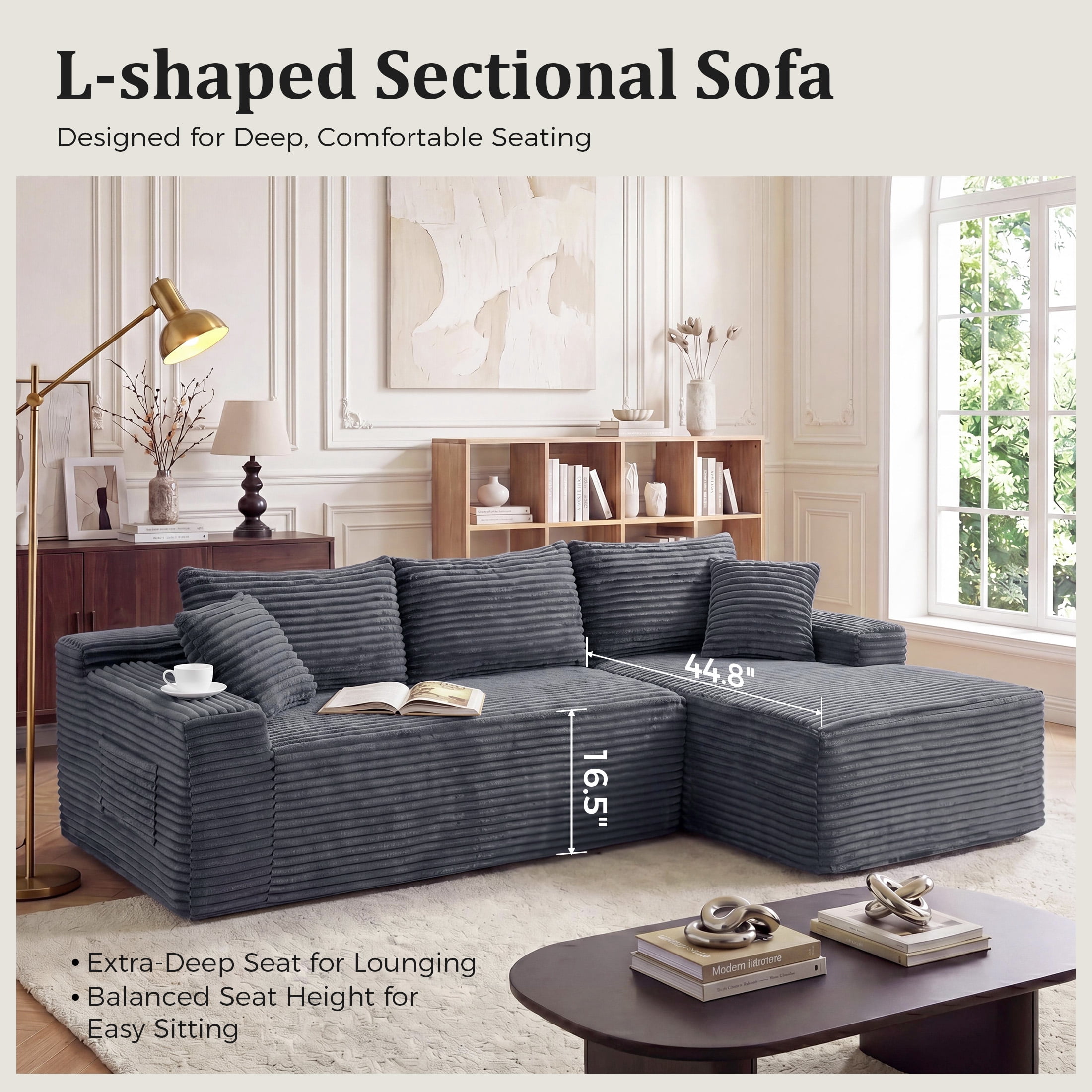 Aenkyo 95 Inch Corduroy L-Shaped Modular Sectional Sofa, Right Chaise, Gray