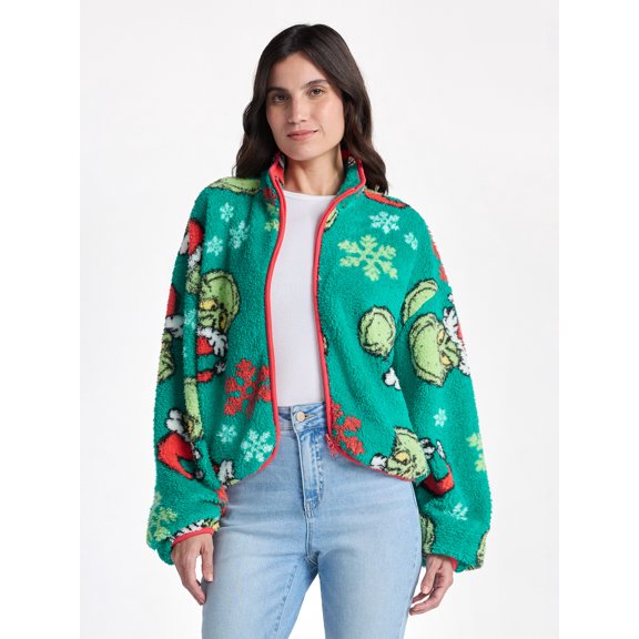The Grinch Women’s Christmas Print Woobie Fleece Jacket, Sizes XXS-XXL